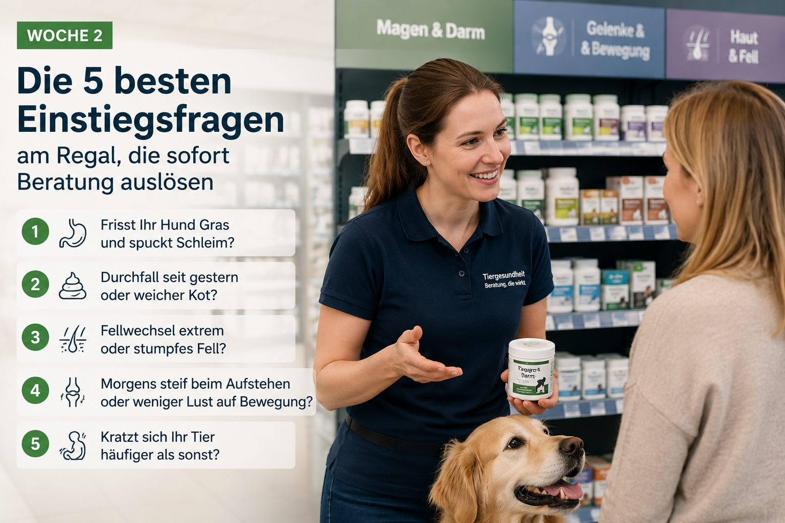 Die 5 besten Einstiegsfragen am Tiergesundheits-Regal