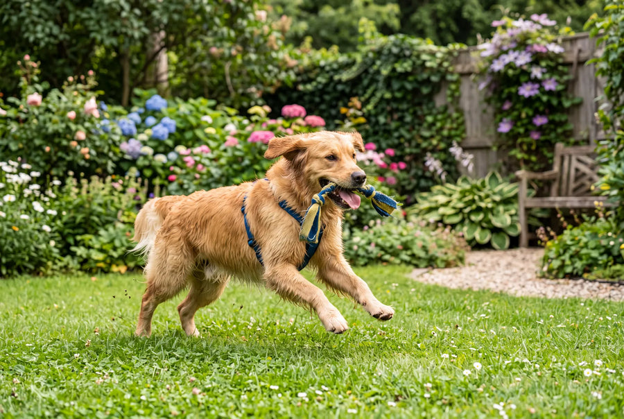 Spielender Hund im Garten